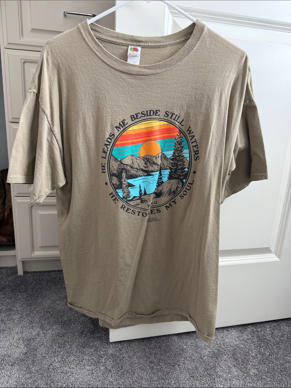 Fruit of the Loom Khaki Graphic Tee with Sunset Lake Artwork